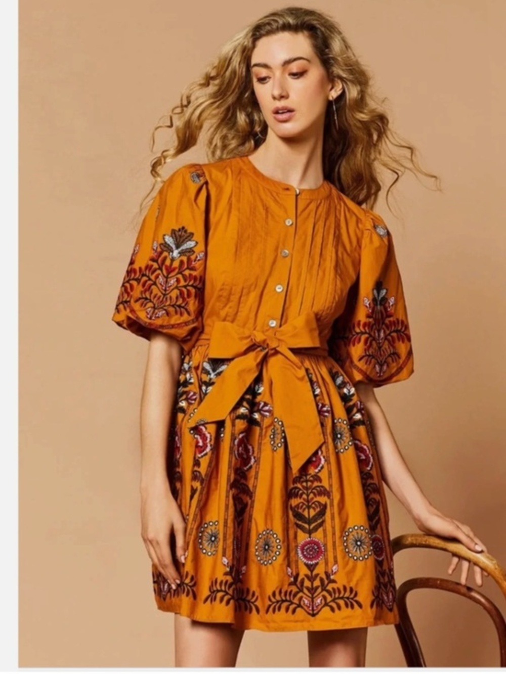 A Loves A Ochre Yellow Embroidered Puff Sleeve Mini Dress New S